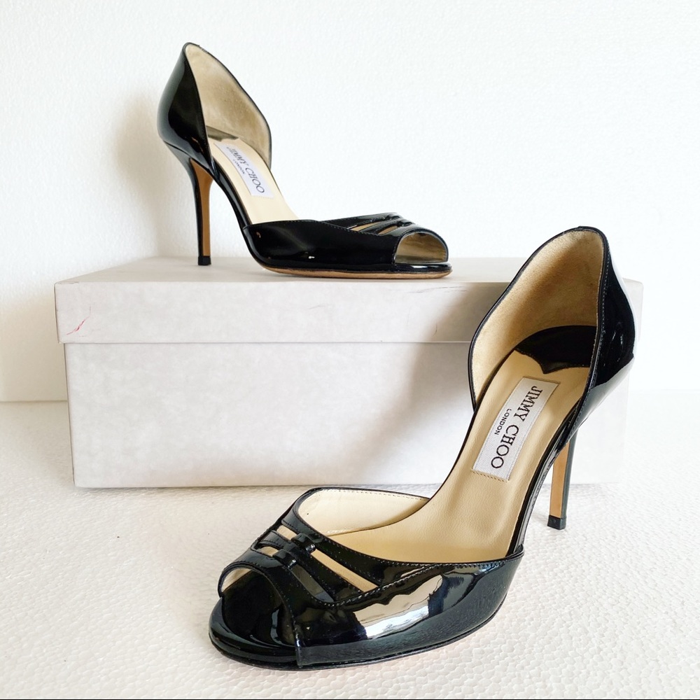 Jimmy Choo Black Patent Leather Peep Toe Pump 38